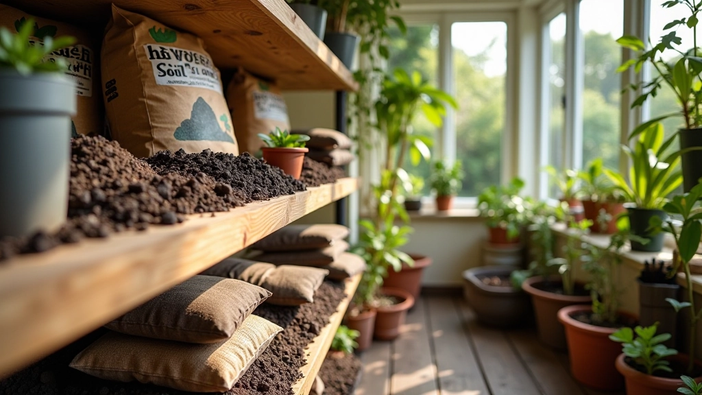 Garden centre display showing bags of compost, peat moss, and potting soil arranged on shelving with price tags visible