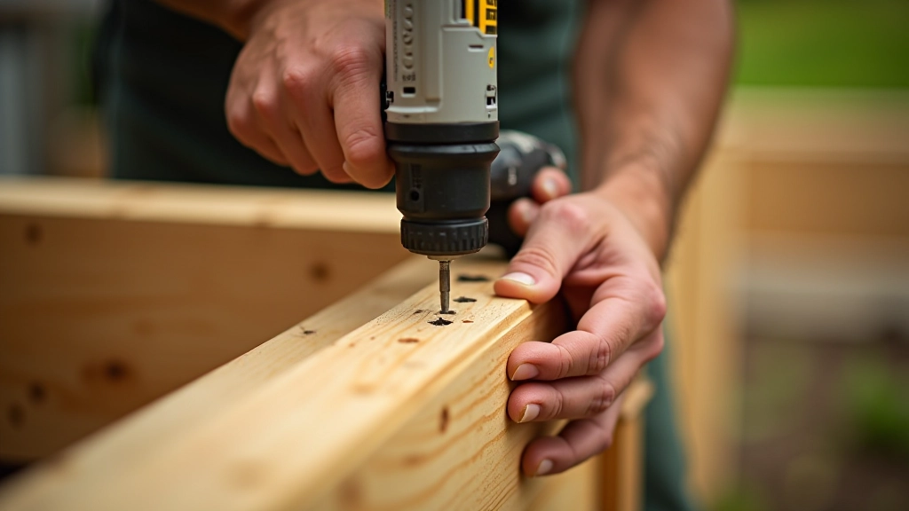 Hands using a drill to fasten corner joints on wooden frame, close-up of assembly process with screws visible