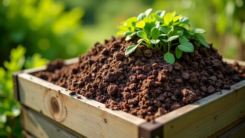 Layered compost bin with visible decomposing kitchen scraps and garden waste