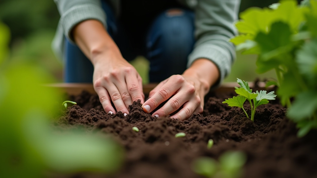 Gardener working with soil in a raised bed