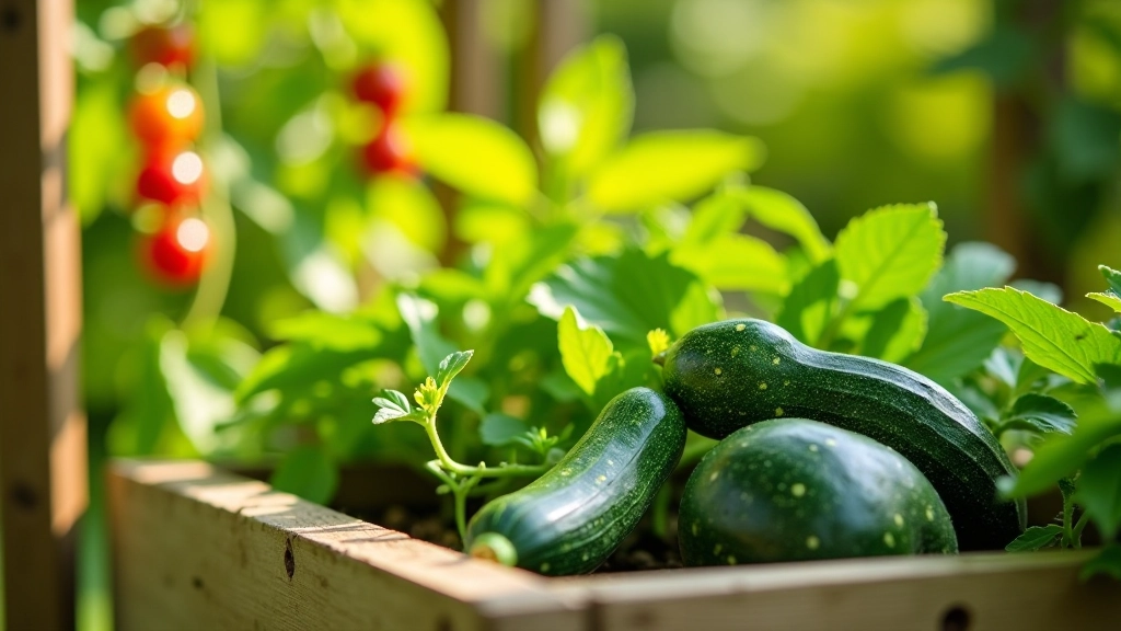 Abundant summer harvest in raised bed with mature courgettes, red runner beans climbing wooden frame, and ripening cherry tomatoes on vine